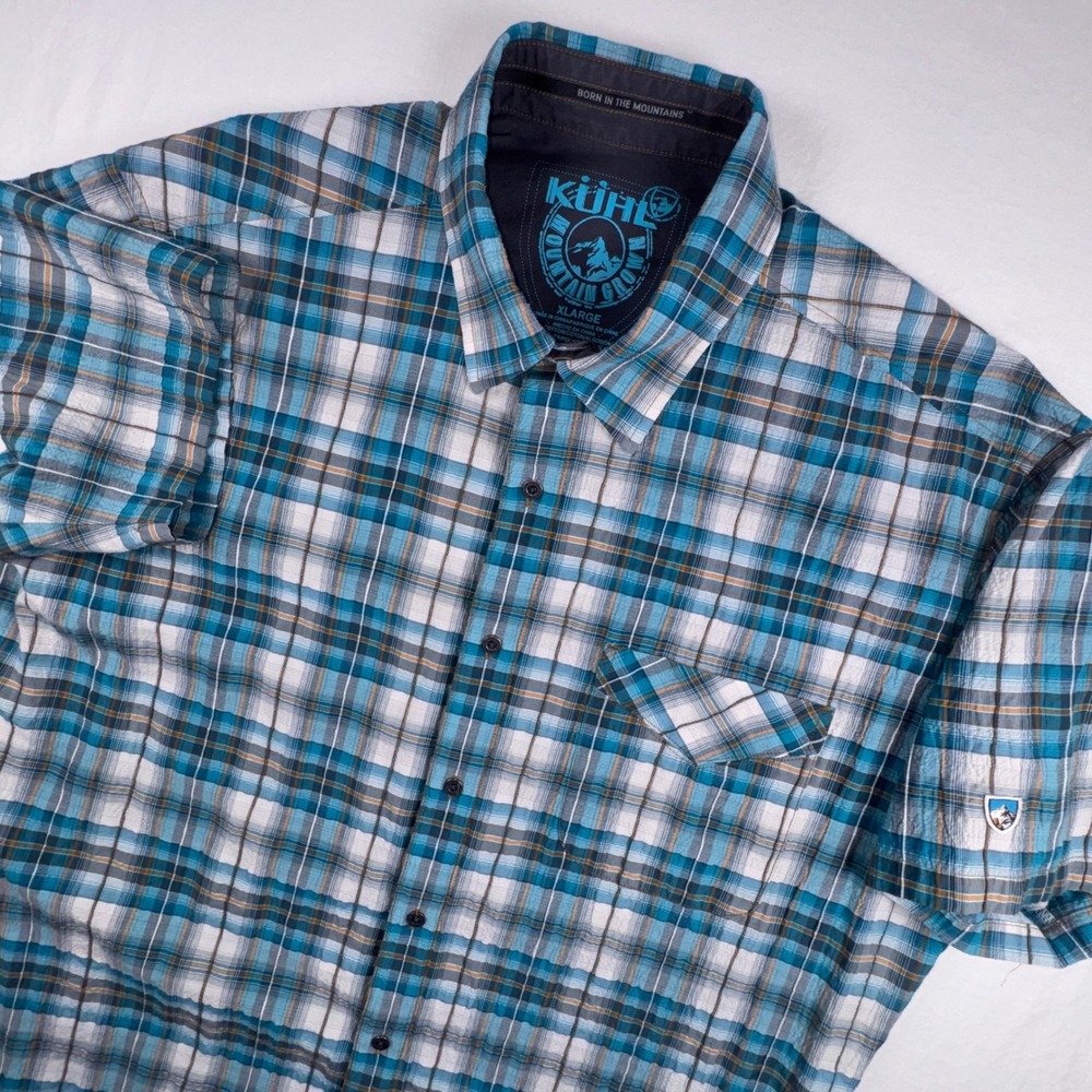 Kuhl Short Sleeve Button Down Men XL Blue Plaid Cotton Blend Hiking Shirt